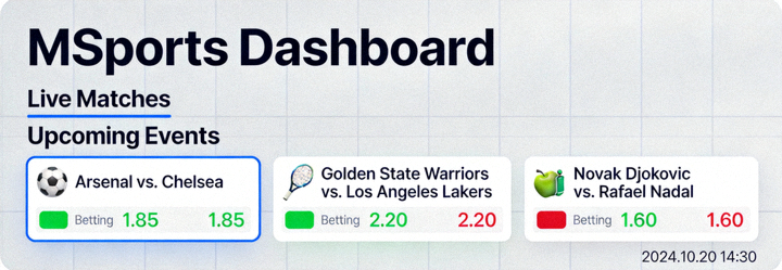 Dashboard MSports menampilkan berbagai pertandingan olahraga dan odds taruhan yang tersedia